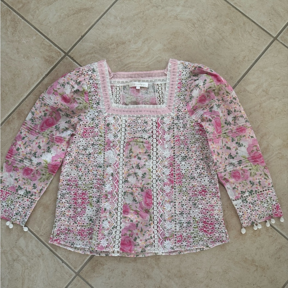 LoveShackFancy Pink and Cream Lace Top